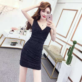 夏季女装新款V领性感无袖包臀裙短款高腰修身气质连衣裙