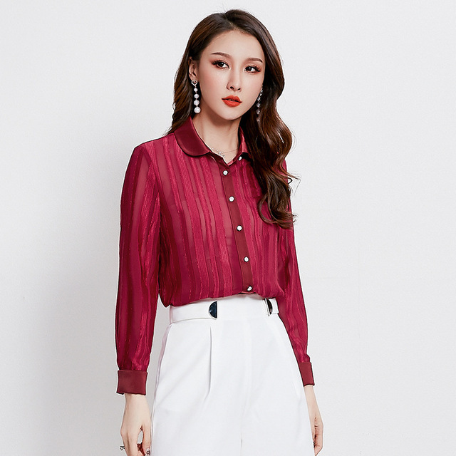 Autumn new semi-permeable blouse Lapel long sleeve shirt 