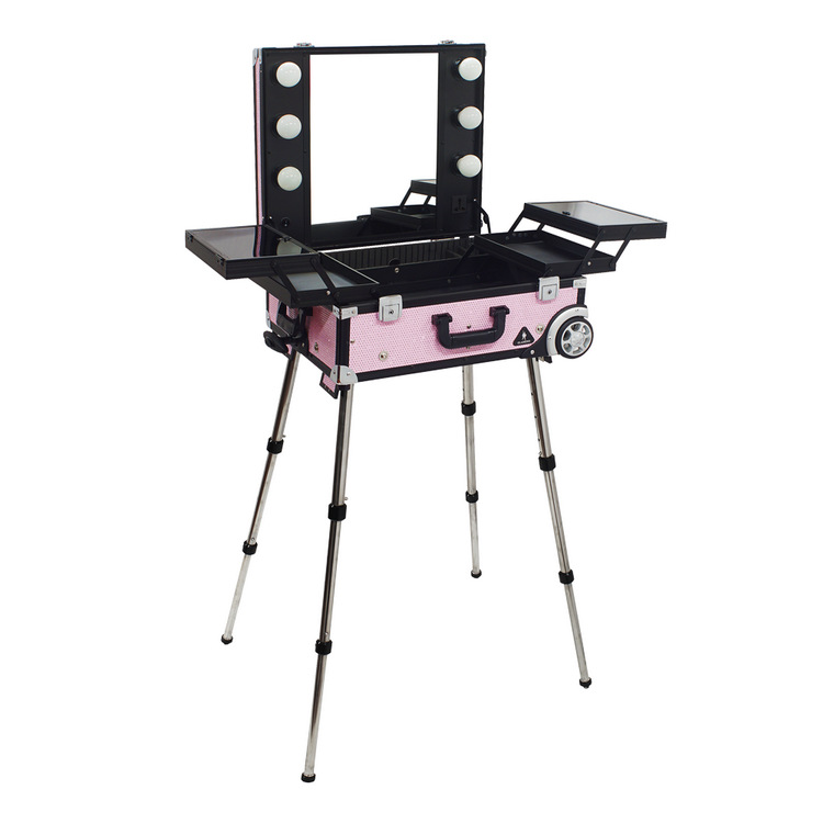 LED灯镜双层双开带不锈钢支架拉杆箱 手提美容美发铝合金化妆箱|ru