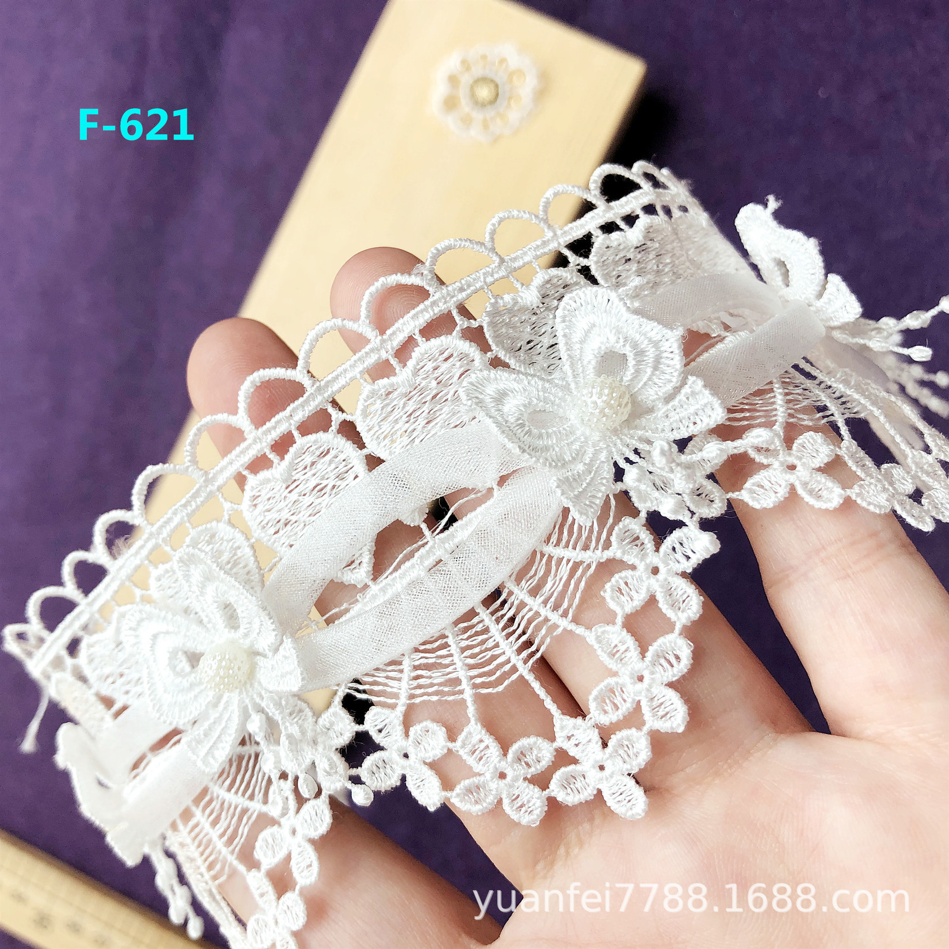 F-621立体蝴蝶结水溶波浪镂空带欧根纱钉珠洛丽塔汉服蕾丝花边