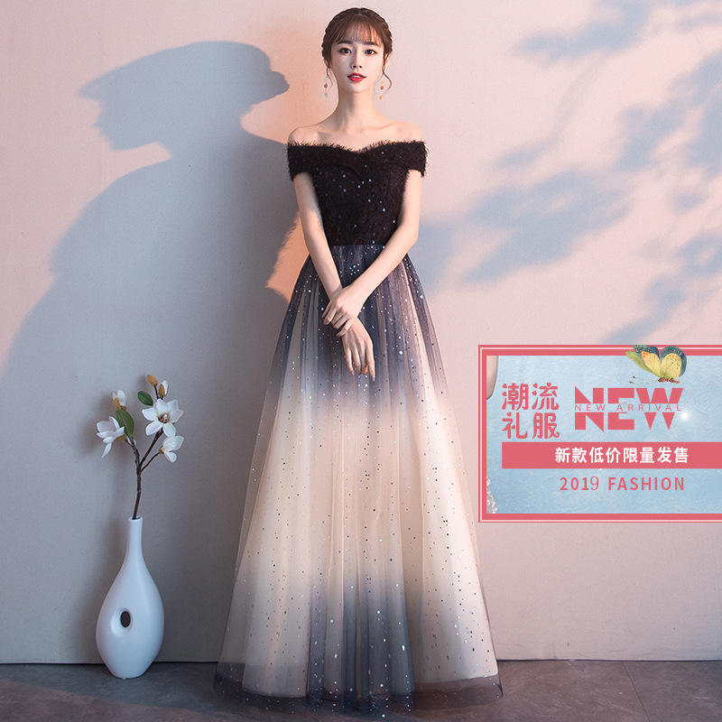 晚礼服女2024新款黑色晚宴星空长款名媛气质主持人名媛纱裙亮片-阿里巴巴