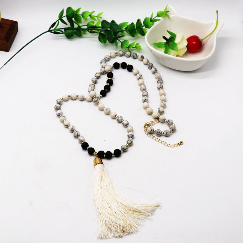 Beads Necklace White Beads Black Charcoal Beads Necklace Sweater Chain White Line Ear Tassel Necklace display picture 3