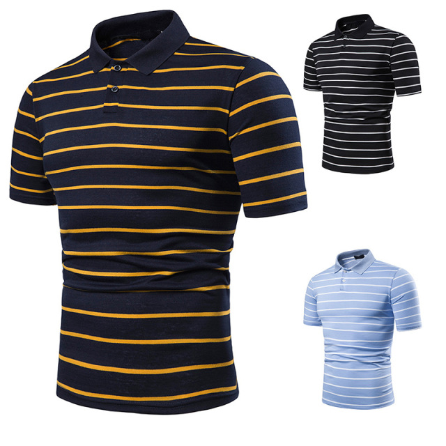 Fashion Matching Short Sleeve T-shirt Stripes Men’s Flip Collar 