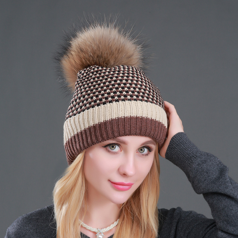Knitted Versatile Winter Warm Plush Women's Woolen Real Raccoon Fur Ball Hat_voghion.com