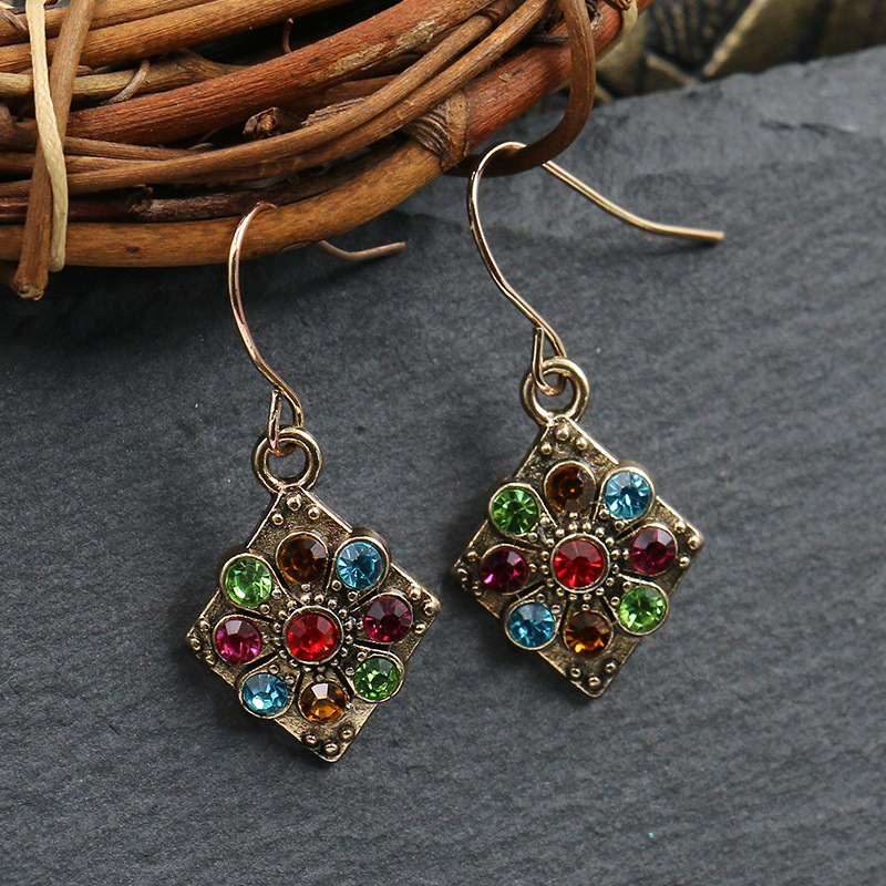 1 Pair Bohemian Water Droplets Flower Rhombus Enamel Inlay Alloy Rhinestones Drop Earrings display picture 4