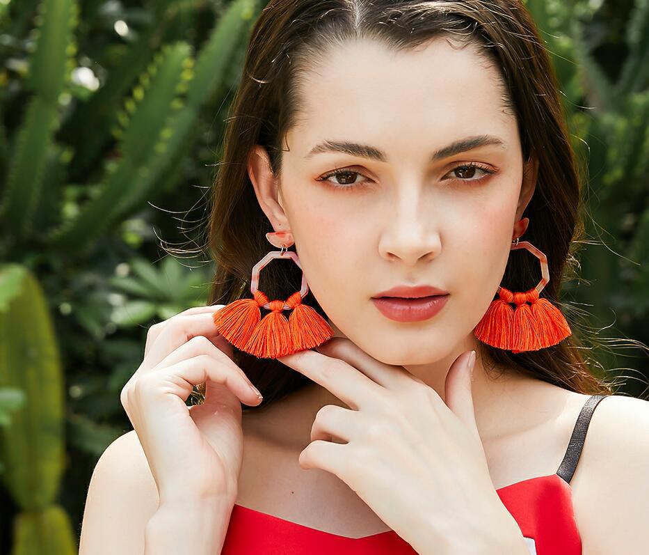 E5259速賣通爆款民族風多色流蘇耳環 歐美風個性誇張幾何樹脂耳釘