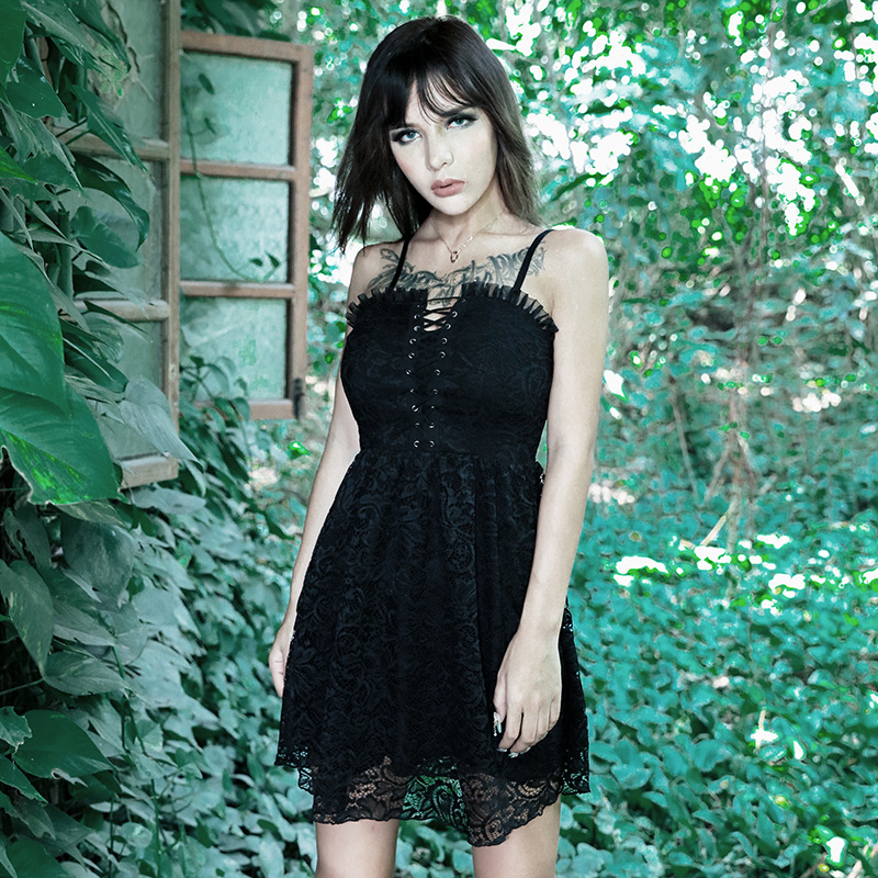 Gothic dark style lace stitching lace-up suspender dress nihaostyles wholesale clothing NSGYB99101