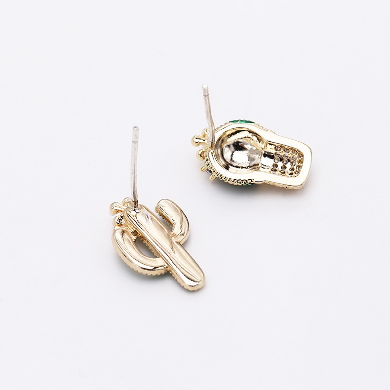 New Asymmetric Sterling Silver Needle Micro Inlaid Zircon Temperament Earrings Cactus Earrings Painted Earrings display picture 2