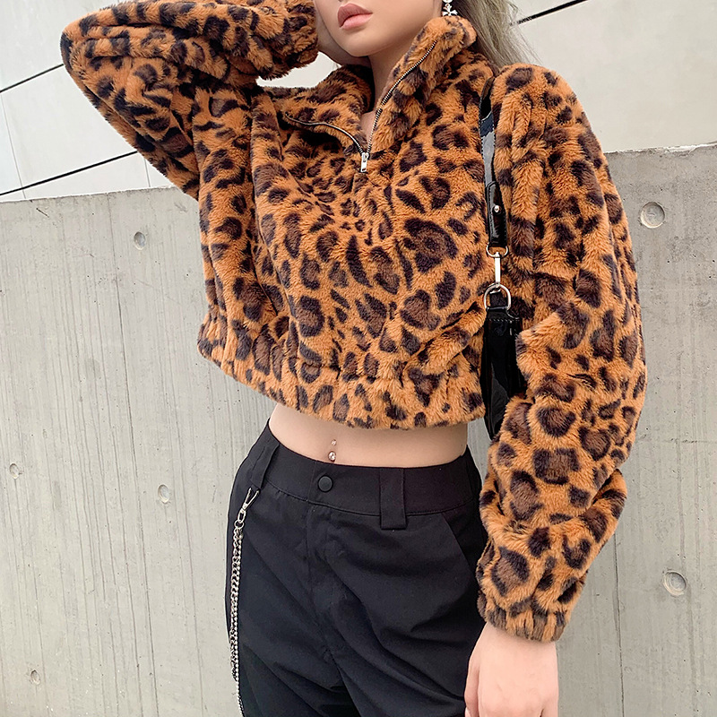 2019秋冬跨境亚马逊爆款女装潮牌豹纹印花翻领长袖拉链卫衣外套女|ru