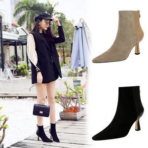 European and American fashion simple wine cup and high heel sexy nightclub show thin pointy suede splicing women’s short