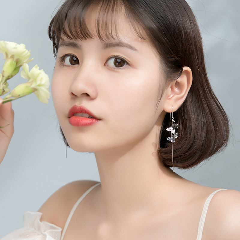 Eloch s925 línea de auriculares de plata para mujeres estilo japonés y coreano pequeño fresco hueco mariposa caja joyería de auriculares G3493