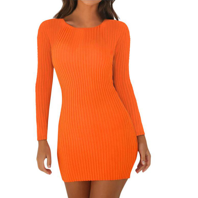 Cross border autumn dress solid color European and American sexy knitted dress