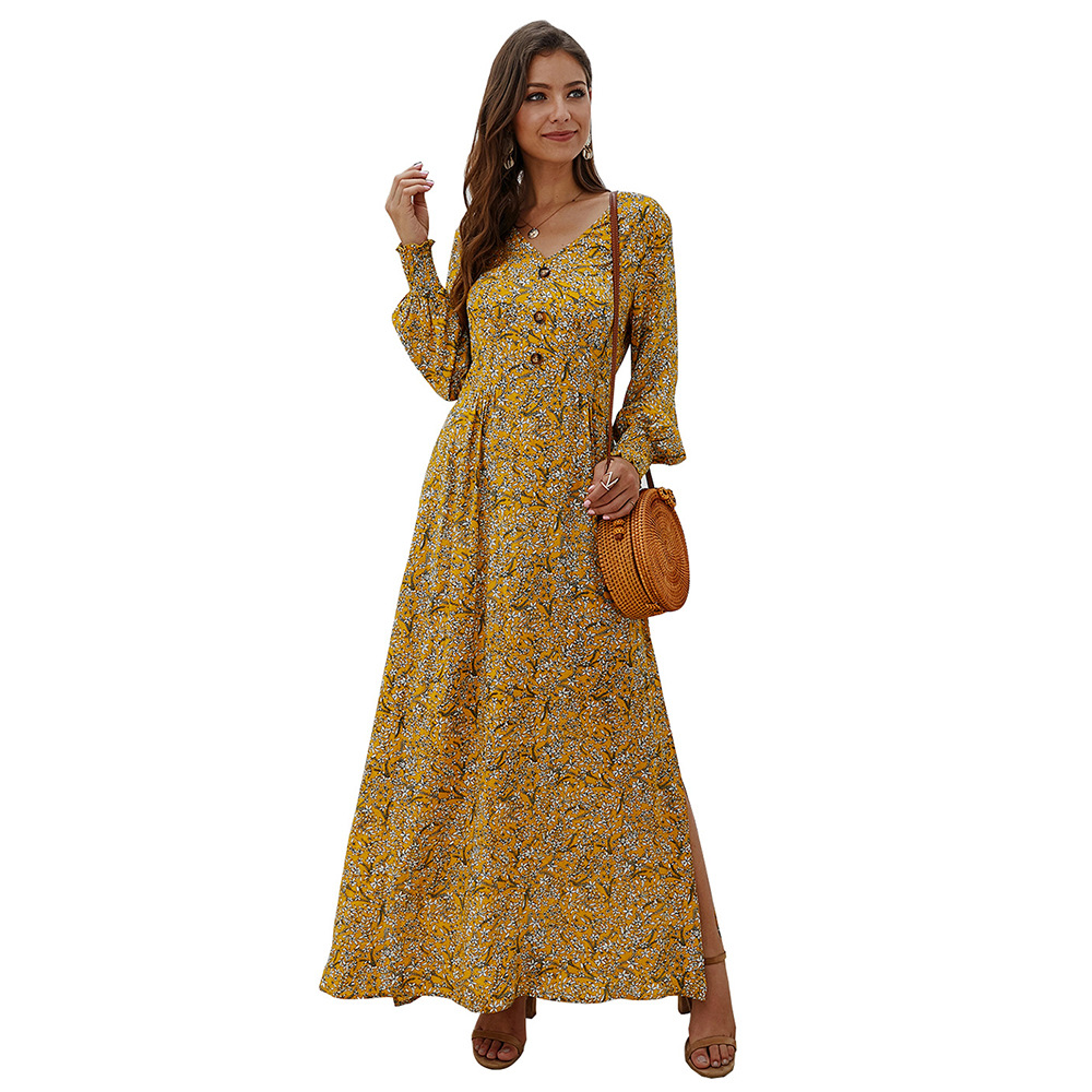 long-sleeved V-neck floral dress NSDY8190