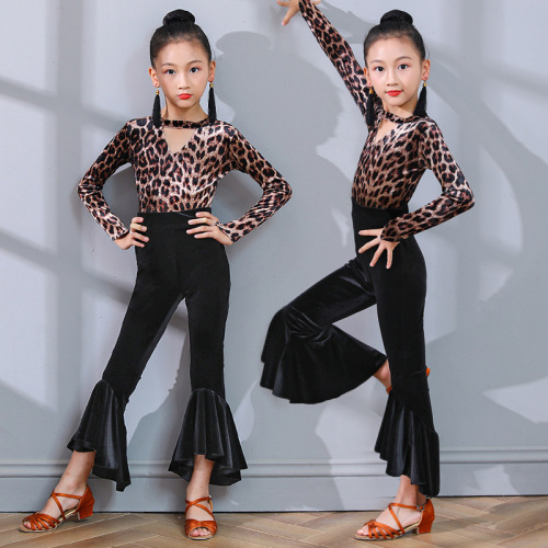 girl's leopard Latin competition dress, latin dance tops and pants children's Latin training dress, Latin grading dress and dance skirt