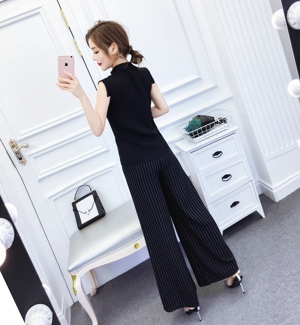 Two-piece temperament suit irregular striped broad-legged trousers