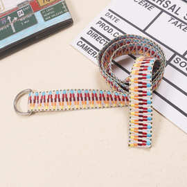 韩版2022新款织带帆布拼色撞色名族风腰带双环扣搭配牛仔裤皮带女