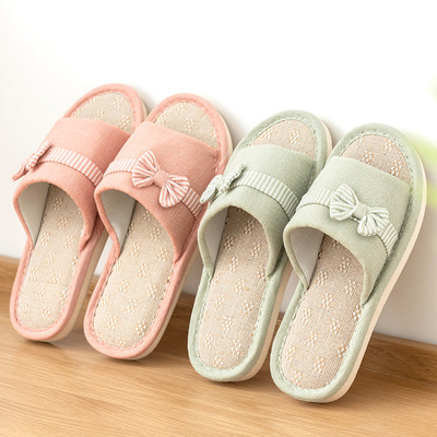 新款蝴蝶结亚麻拖鞋 家居女男室内拖鞋 夏季防滑情侣日式地板拖鞋|ru