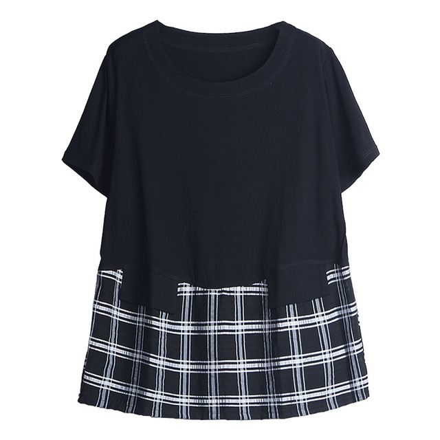 checked blouse round collar summer new loose stitching T-shirt 