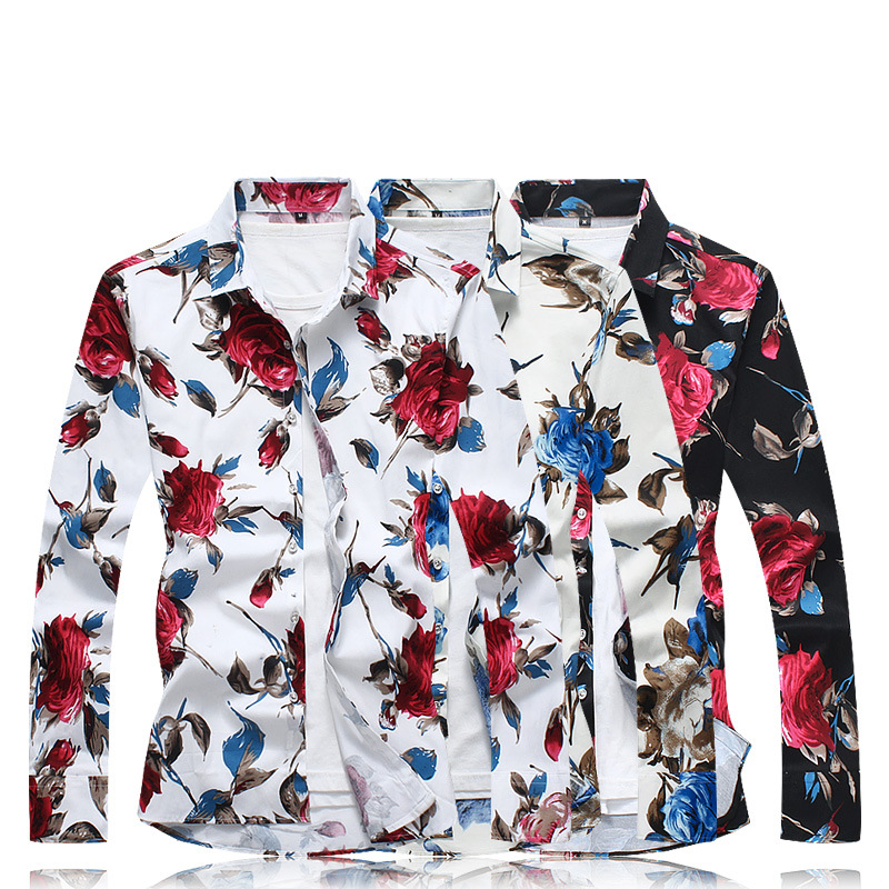 New men's large Satin Flower long sleeve slim shirt in spring and autumn of 2019 fashion men's printed shirt