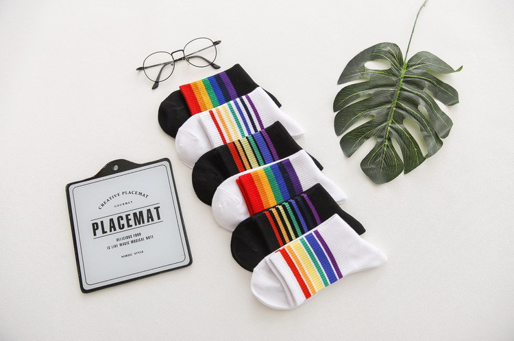 秋冬季全棉彩虹袜中筒袜子条纹情侣袜