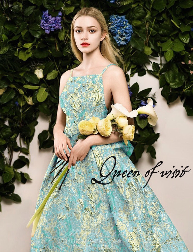 欧美高档金丝水墨画海阔天空春夏秋提花布料连衣裙外套晚礼服短裙