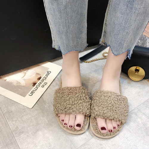 2019 autumn and winter new style curly plush slippers for women's home indoor wooden floor slippers, comfortable plush slippers for confinement