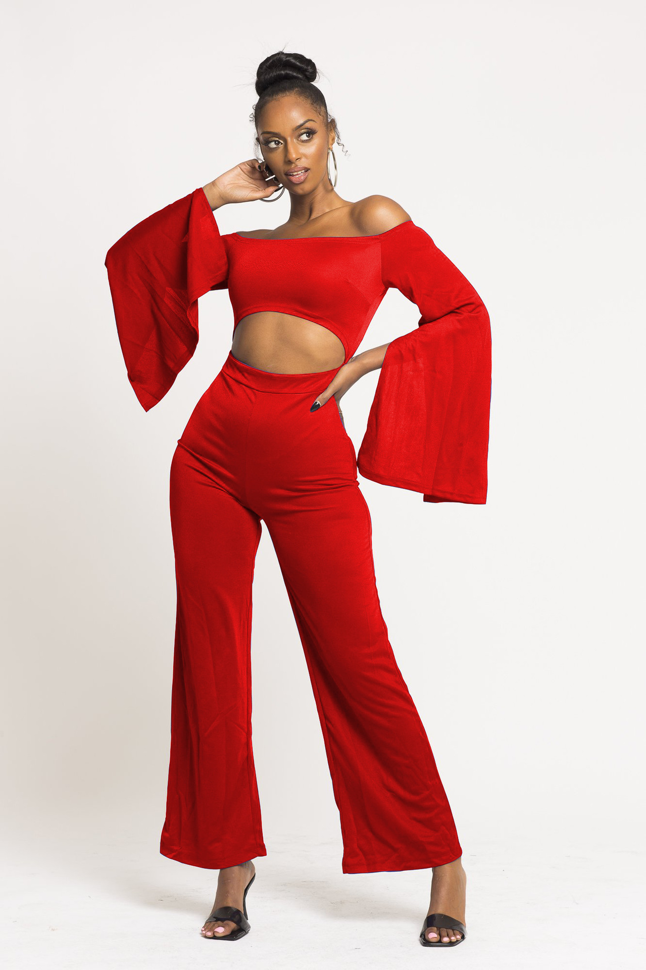 Boutique Casual Solid Color Long Sleeves Cropped off Shoulder Jumpsuit