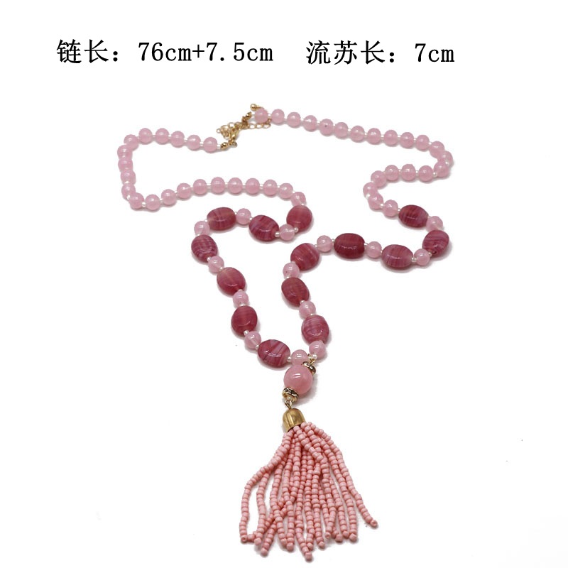 Pink Pattern Stone Necklace Sweater Chain Tassel Necklace Wild Pink Rice Beads Tassel Necklace display picture 1