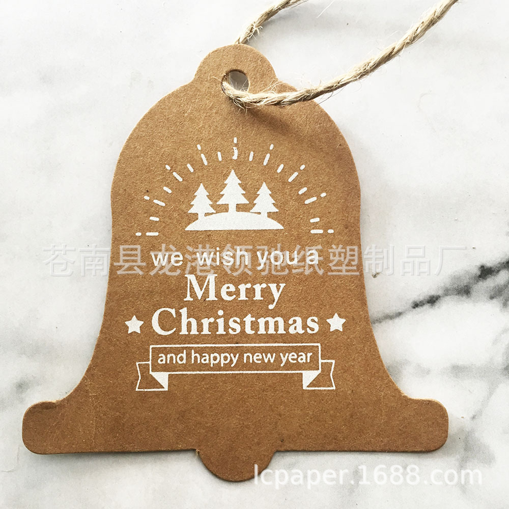 圣诞铃铛款牛皮纸印白圣诞树吊牌Merry Christmas烘焙礼物包装