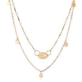 欧美跨境境新时尚几何小圆片贝壳吊坠手工两层女士合金项链批发