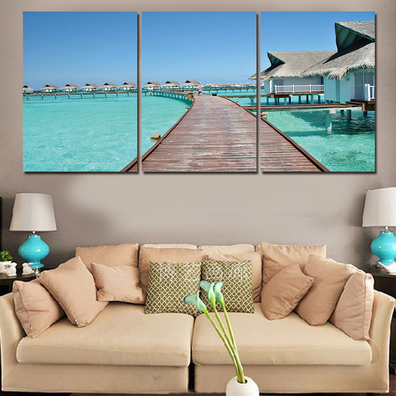 Zhe Min Sanlian Seaside Deck Painting Modern Home Decoration Living Room Bedroom Spray Painting Wall Painting Oil Painting Cross-border Source