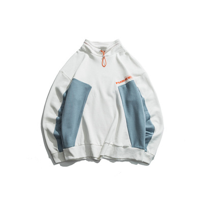 南夏乔装 秋季新字母印花高领拼色宽松卫衣日系复古嘻哈卫衣男W60|ru