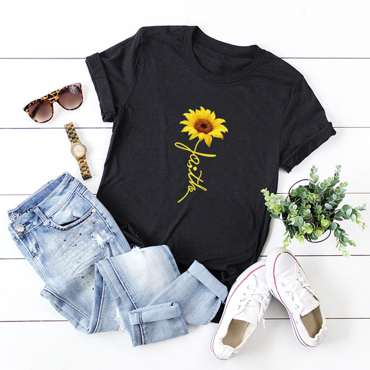  creative sunflower round neck short sleeve T-shirt  NSSN3378