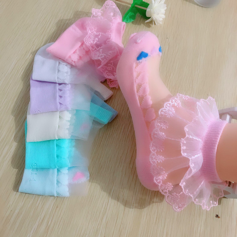 Girls Lace Socks Children Crystal Ultra-thin Princess Dance Double-layer Striped Ice Silk Transparent Boneless Seamless Breathable Flat