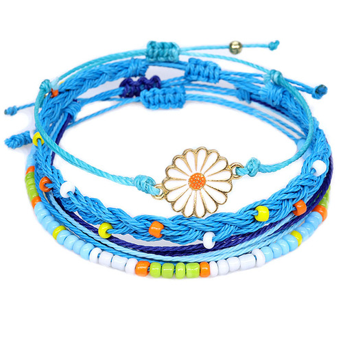 Bohemian waterproof wax line hand woven bracelet with alloy chrysanthemum beaded bracelet sets