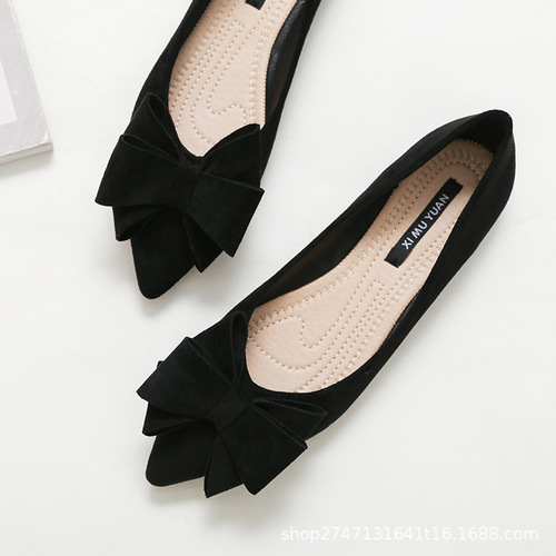  New Korean Style Pointed Toe Shoes Women's Bow Tie Large Size Women's Shoes Simple Solid Color Low Heel Suede Shoes