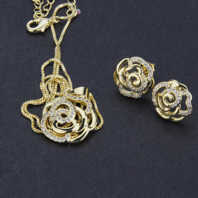 Rose Earring Necklace Set Gold Plated Platinum Plated Flower Zircon Pendant Ear Pins display picture 3