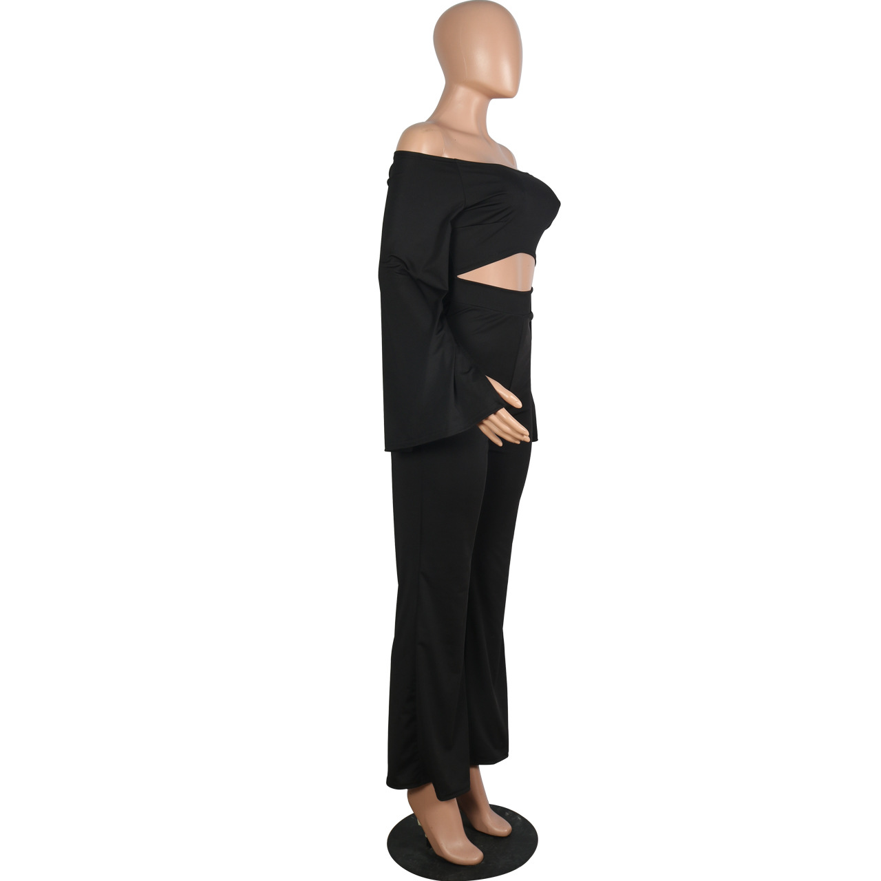 Boutique Casual Solid Color Long Sleeves Cropped off Shoulder Jumpsuit
