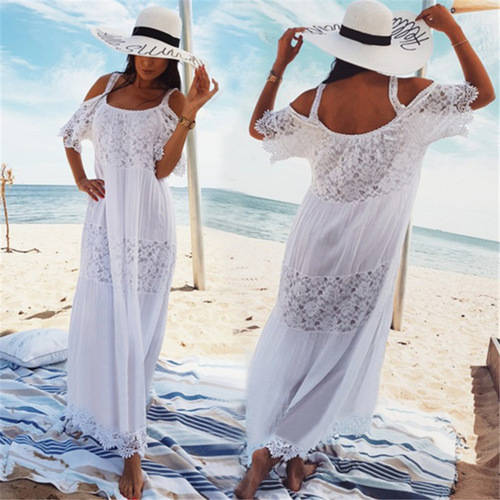 cotton white lace beach dress for women sexy backless Off-the-shoulder vacation sun protection dress bikini outer blouse