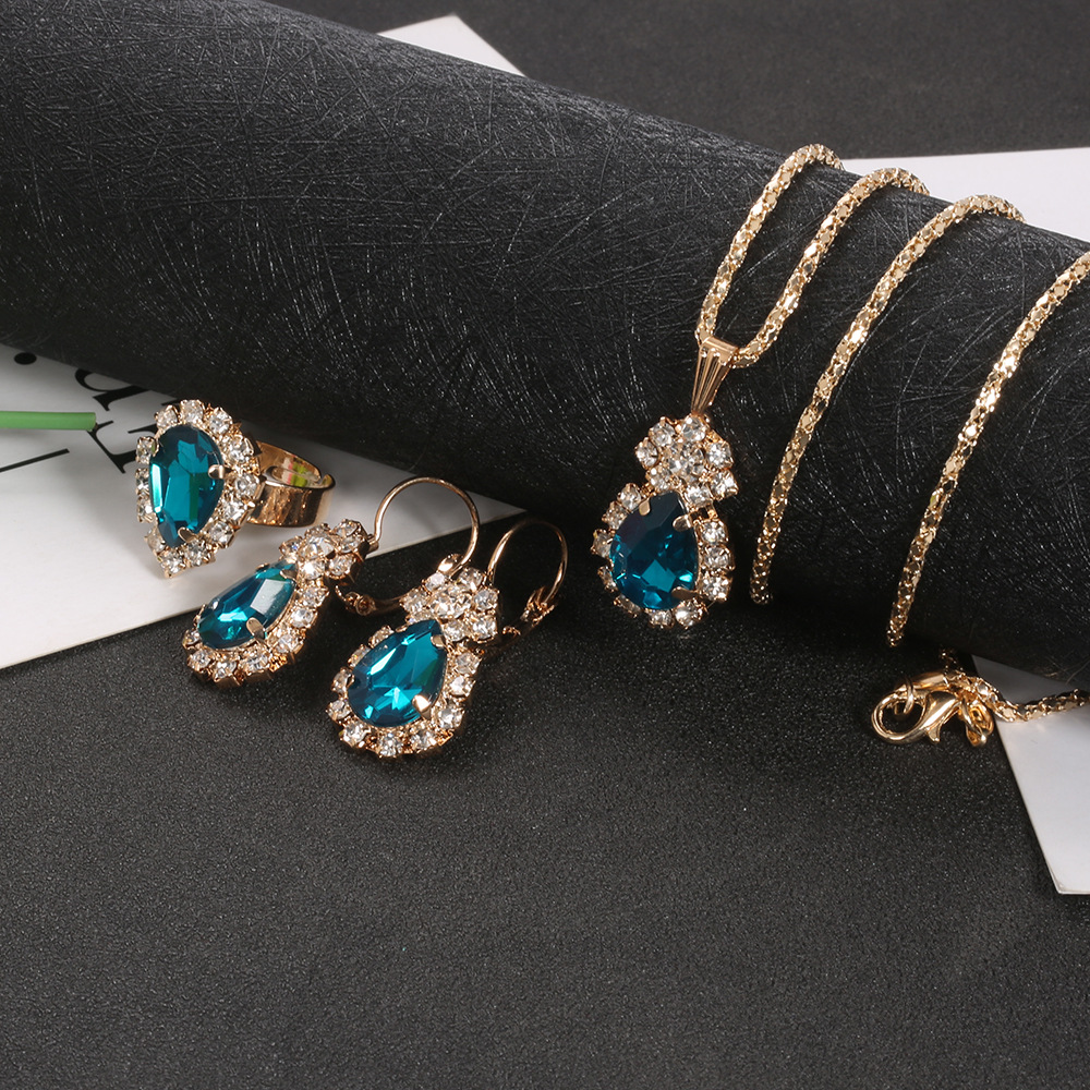 European And American Fashion Water Drop Rhinestone Necklace Earrings Ring Set display picture 20