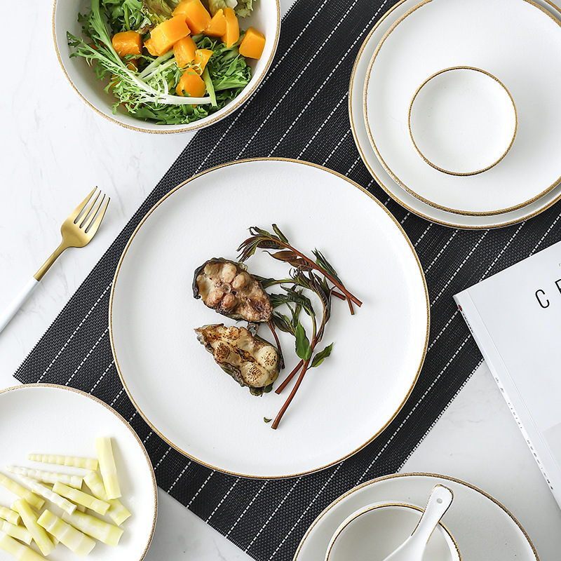 Nordic ins Borde de Oro vajilla creativa Placa de porcelana blanca de oro Punto de pulverización placa de cerámica Occidental plato de carne plato de aperitivos