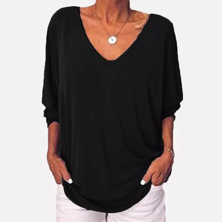 Fashion Solid Color Polyester V Neck 3/4 Length Sleeve Batwing Sleeve Button T-shirt display picture 22