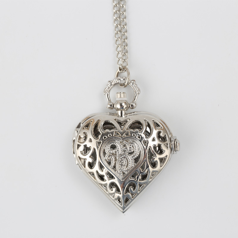 Gift Pocket Watch Vintage Hollow Heart-shaped Silver Pocket Watch Creative Flip Quartz Hanging Chain Women's Watch Love Pocket Watch