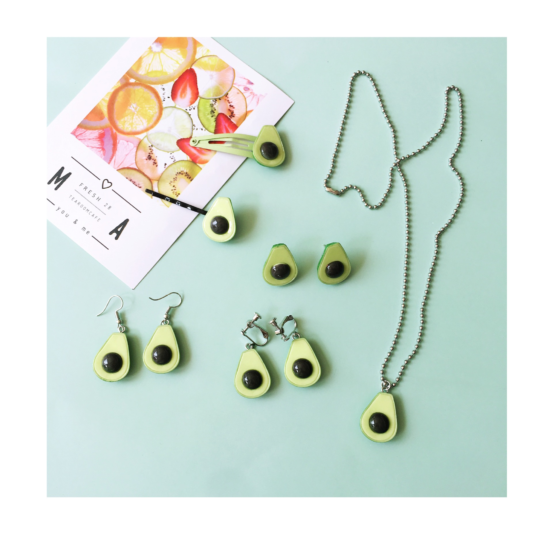 Summer Avocado Cute Simulation Fruit Hairpin Necklace Earrings display picture 2