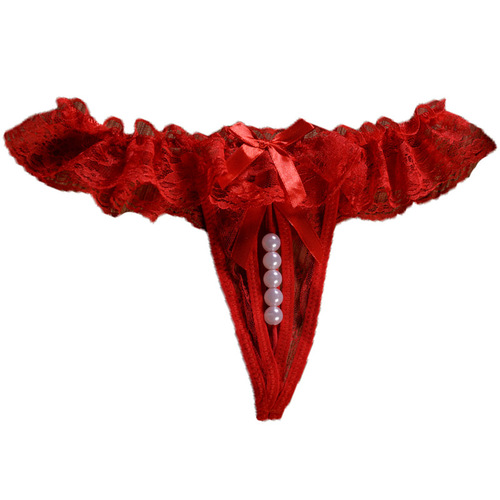 Underwear female sexy lace pearl open thong bow bow transparent new fashion thong