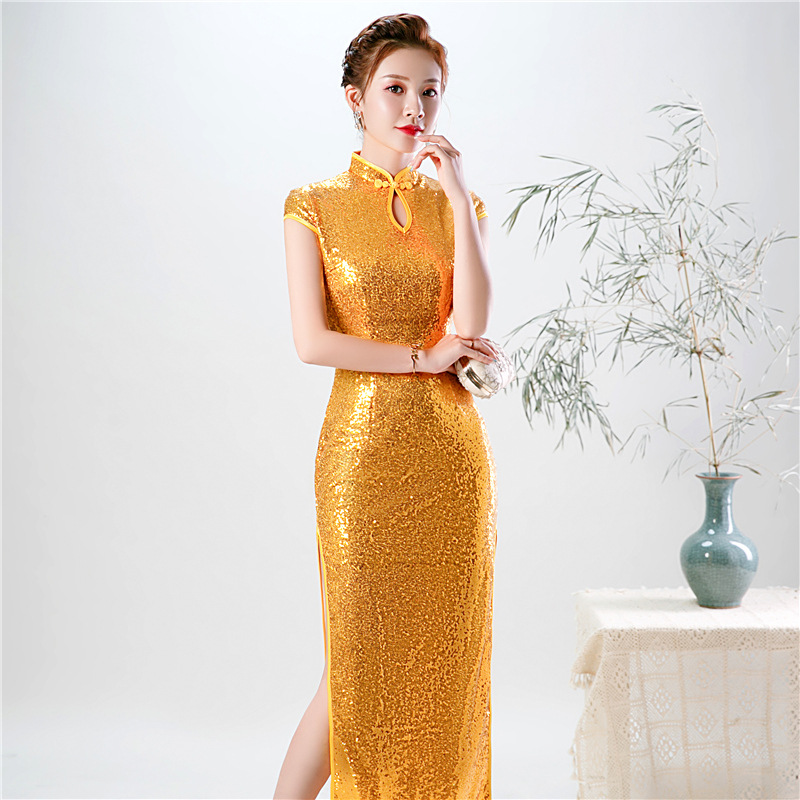 orange Sequins cheongsam 2019 Autumn and winter new pattern Etiquette mom stage Catwalk show Improvement Waist Manufactor