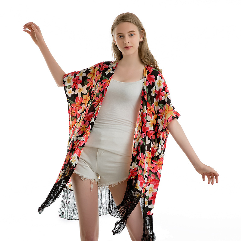 Chiffon Fringe Positioning Printing Beach Bikini Beach Cardigan Women Kimono