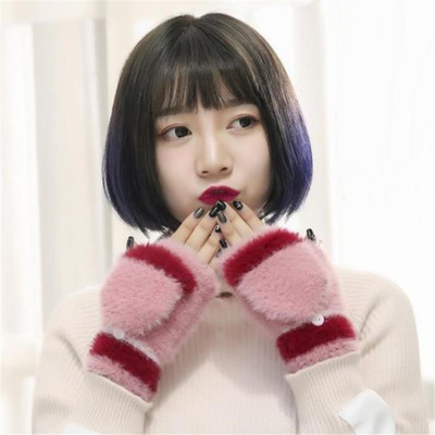 glove winter new pattern knitting Hemidactyly Flip glove student keep warm Mink cashmere glove touch screen glove