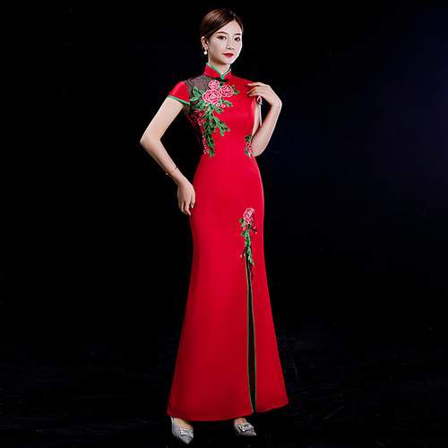 cheongsam standing collar bud performance cheongsam large size high fork national dress qipao