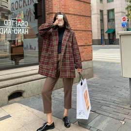 实拍2019秋冬季新款韩版格子西装领毛呢外套女短款休闲呢子大衣潮